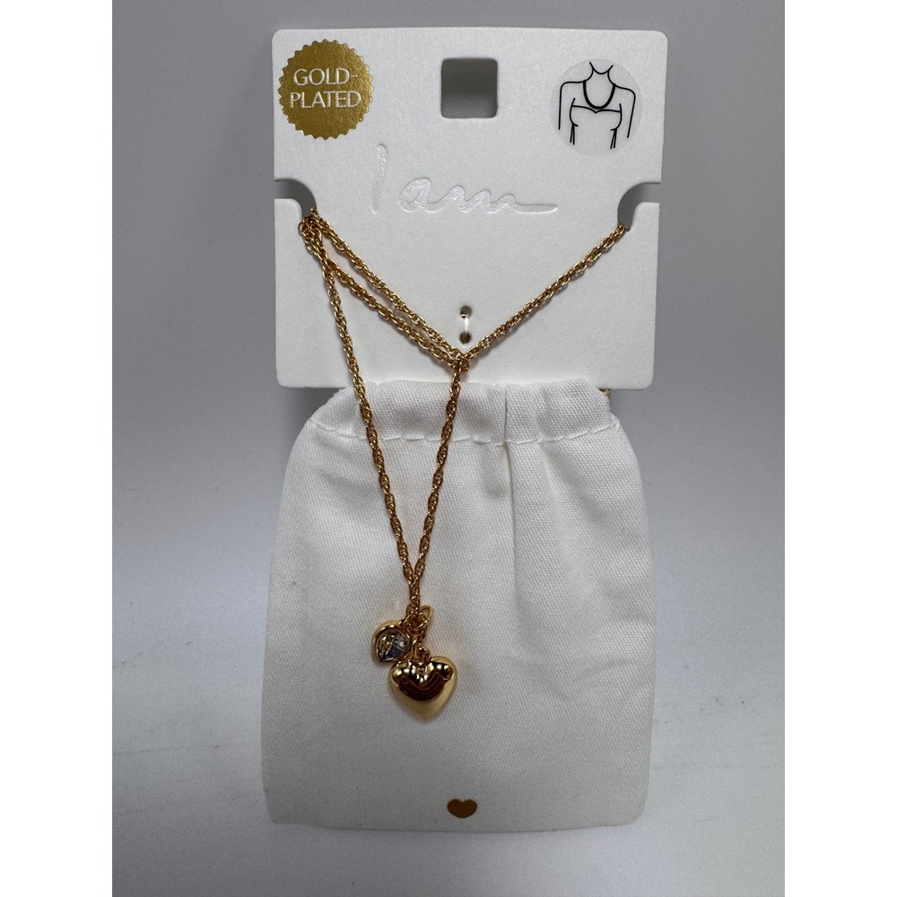 I AM Gold Plated Double Heart Charm Necklace Puffed Heart & Crystal Pendants